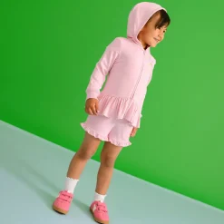 French Terry Ruffled Zippered Graphic Hoodie